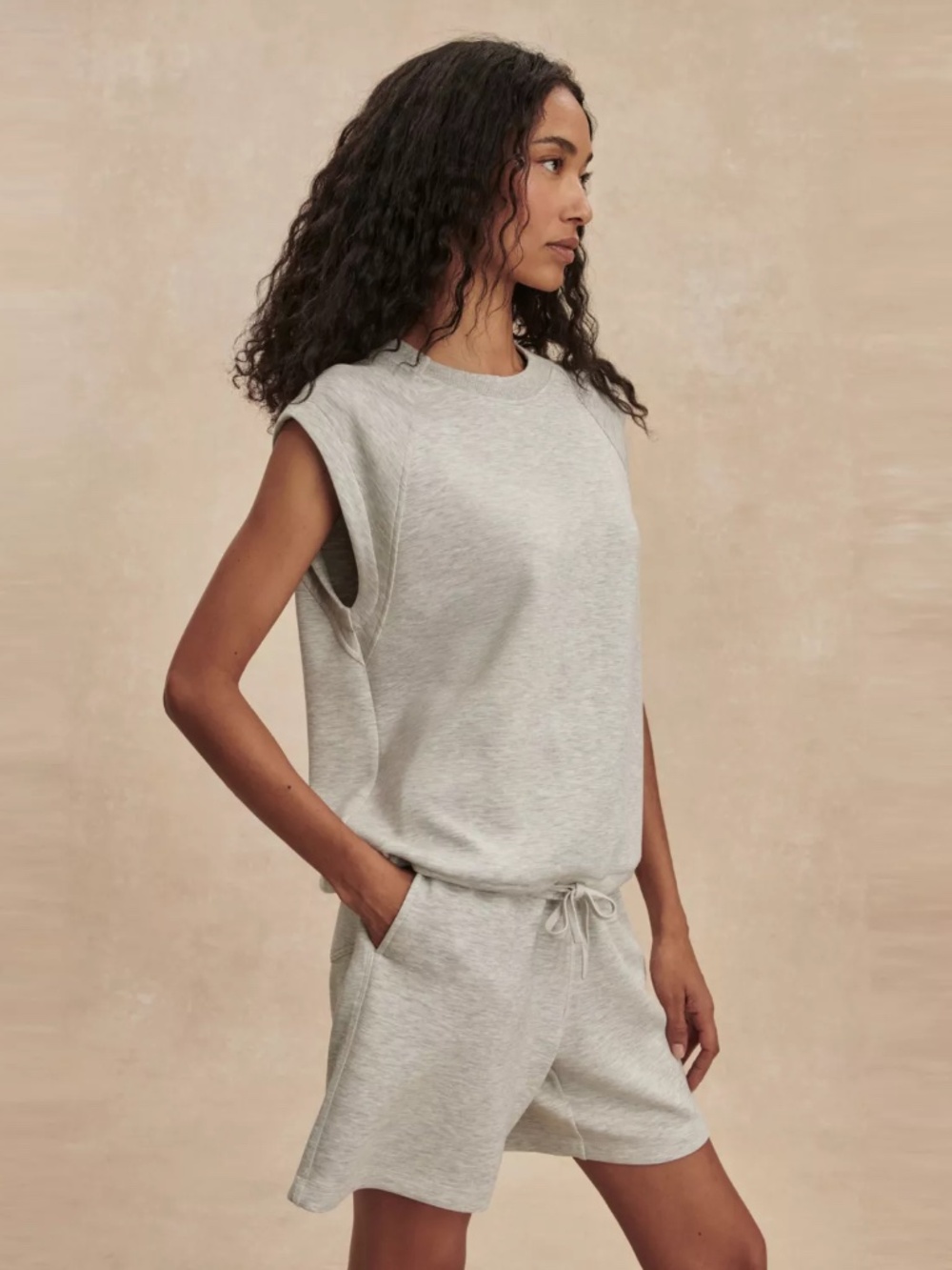Varley Otis Sleeveless Sweat DoubleSoft Top Ivory Marl - Picture 2 of 10
